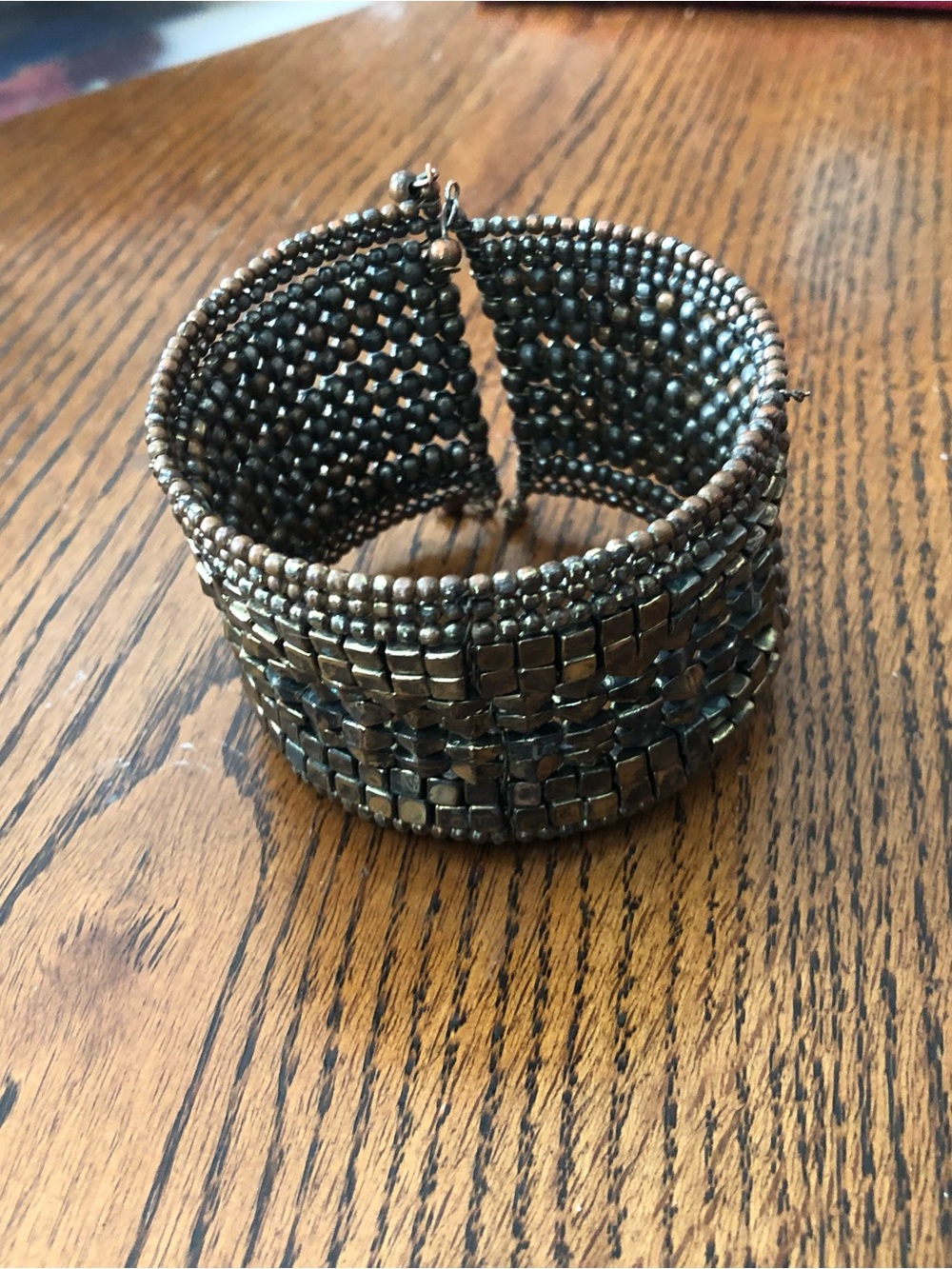 Beaded Wide Cuff Bracelet in Metallic Bronze and Gunmetal